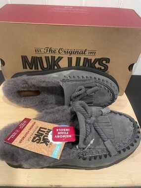 Muk Luks Gray Faux-Fur Memory Foam Moccasin Slippers with Rope Knot